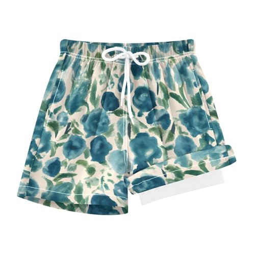 YANENDIE Boy Swim Trunks with Compression Liner Dark Blue Cream Flowers Boys Swim Shorts Quick Dry Beach Shorts