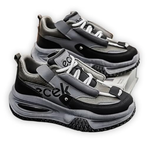 Image of Men's Athletic Running Shoes, Synthetic Leather and Mesh, Black and Grey, Air Cushioned, Lace-up