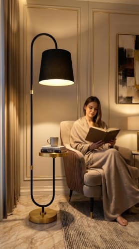 Image of Deco Crush Modern Floor Lamp with Built-in Side Table, Tall Metal Standing Lamp 5ft Height with Black Fabric Shade, Contemporary Reading Light for Living Room, Bedroom, Study Room and Home Decor