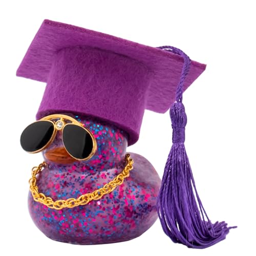 wonuu 2026 Colorful Car Ducks, Rubber Duck Car Dashboard Decorations Ornament Ducky with Graduation Hat, Glasses, Necklace, for Doctor, Master, Bachelor, Glitter Purple