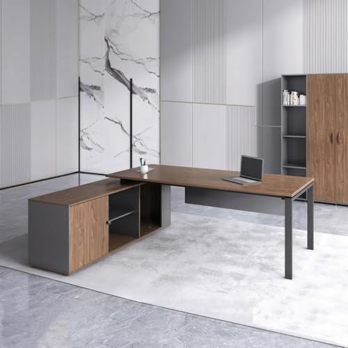 Image of TEKAVO ProNook L Shaped Executive Table with Storage, Director Office Table I Brown & Dark Grey Wood, Metal (180 Cm x 160 Cm x 75 Cm) - DIY