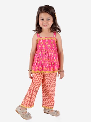 Baby Girl's Sanganeri Printed Sleeveless Cotton Top With Straight Pant Dress Clothing Set4