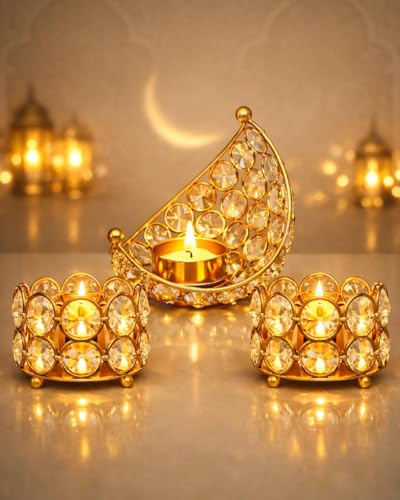 Image of Homesake Crystal Tealight Candle Holder Set, Gold Metal Decorative for Decorations for Home, Festive Tabletop Home Decor and Gifting Combo Set of 1 Moon Holder & 2 Crystal Holders