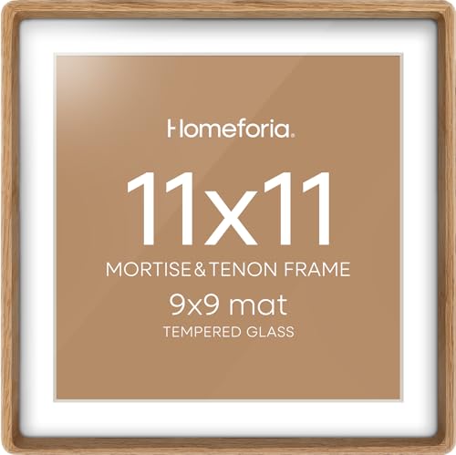 Homeforia 11x11 Natural Wood Frame Mortise & Tenon 11 x 11 Oak Picture Frames with Mat 9 by 9 for Wall or Tabletop Square Light Wooden Frames 11by11 Matted to 9x9 Tempered Glass Wall Kit Set of 1