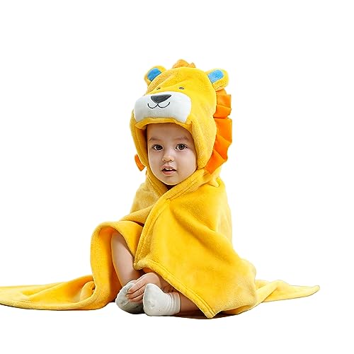 Image of TONWHAR 0-4 Years Toddlers' And Kids' Boys Girls Animal Face Hooded Blanket Baby's Bathrobe,Plush After Bath Blanket (Lion)