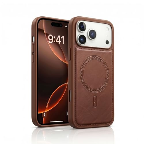 Image of amazon basics Premium PU Leather Case for iPhone 17 Pro, MagSafe Compatible Magnetic Ring, Sleek Protective Back Cover - [Brown]