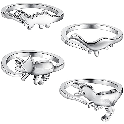 4 Pieces Dinosaur Rings Open Adjustable Dinosaur Rings Vintage Silver Dinosaur Rings Copper Alloy Jewellery for Women and Men