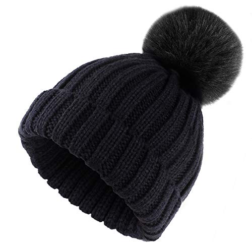 ElifeAcc 2018 Hiver Chaud Chapeau de Fourrure tricoté Bonnet Pom Pom Bobble Chapeaux pour Les Casquettes de Ski de Camping en Plein air (Noir) Cover