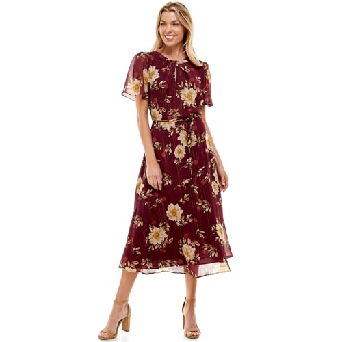 june & hudson Wine Chiffon Midi Dress with Floral Taupe Pattern, Short Flutter Sleeves, Burgundy A-Line Dress, Tie Neck3