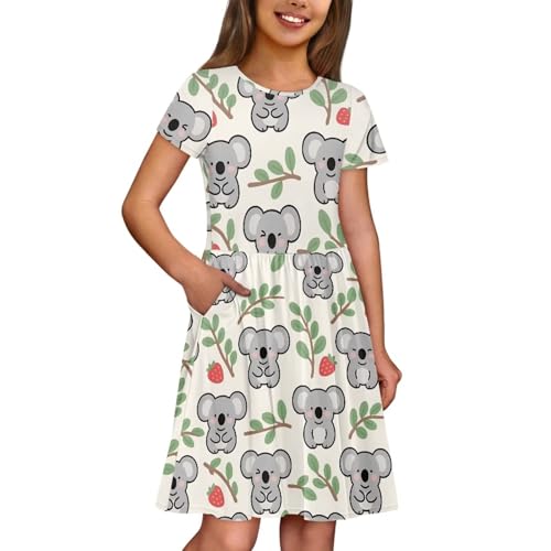 Image of Girls Dress with Pockets Basic Short Sleeve High Waist Swing Skater Dress School Party Dress for Kids