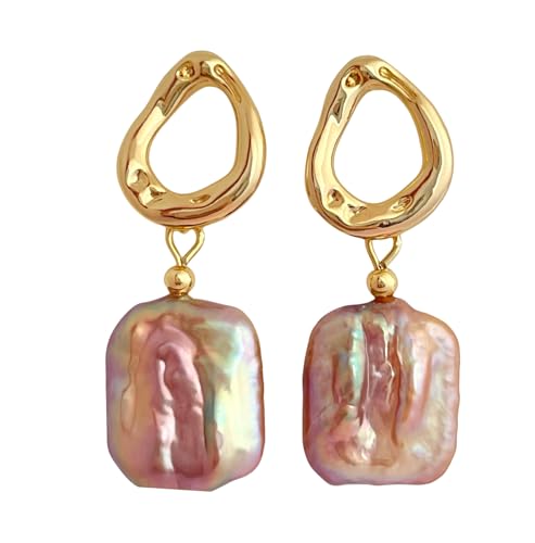 Image of AnnChbpl Baroque pearl earrings for Women cultured freshwater Pearl Stud hoop square statement earrings 14K Gold plated Drop Dangle Jewelry gift