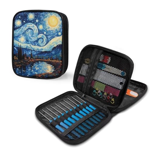Image of Hudotybom Crochet Hook Case Starry Night Crochet Hook Holder Portable Crochet Hook Storage Bag with Web Pockets Suitable for Crochet Needles /Knitting Accessories
