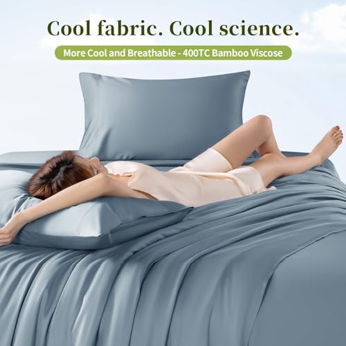 Shilucheng 100% Viscose Derived from Bamboo_ Sheets King Size 6pcs - Ultra Cooling & Silky Soft Bed Sheets, 16" Deep Pocket, Perfect for Hot Sleepers, Hotel Bedding Sheets (French Blue)
