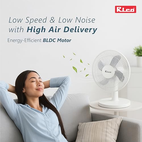 Image of Rico Rechargeable 12 inch Table Fan | Runtime: 3hr (High) & 10hr (low) | With Built in power bank to charge your phone Type-C Charging | BLDC Motor with 3-Speed Settings |Silent Operation | Portable