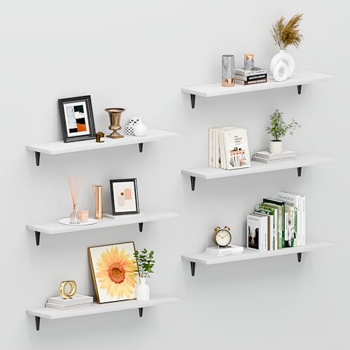 Image of SKYSEN Floating Shelves for Wall Set of 6, 23.6in Wood Wall Shelf for Decor, Bathroom, Bedroom, Storage, Book,Kitchen, Living Room - White(fs-60-w)