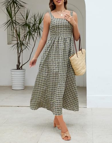 Ladyful Womens Summer Gingham Maxi Dress Spaghetti Strap A-line Checkered Long Dress Square Neck Casual Beach Plaid Sundress2