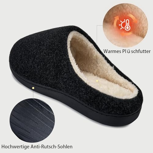 WateLves Filzpantoffeln Herren Hausschuhe Pantoffeln im Herbst und Winter Slipper Unisex mit Rutschfest Sohle Filzlatschen(Schwarz, 43.5EU)