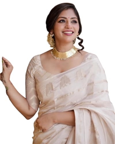 Flosive Womens Beautiful Soft Silk Saree With Zari Weaving With Blouse Piece OFF WHITE One size