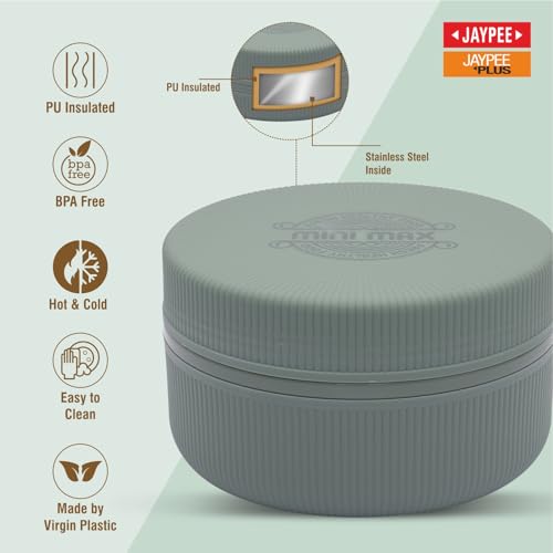 Image of JAYPEE Mini Max Lunch Box for School, Office, Ideal for Snacks and Meal, Keeps Food Hot & Fresh Insulated Stainless Steel Inner with Plastic Dish Inside for Office, College and Picnic, Green, 830 ml