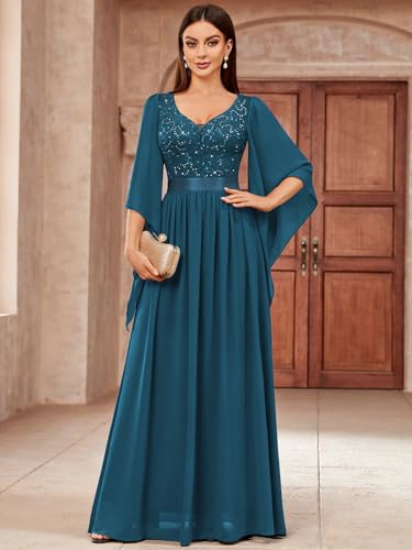 Image of Miusol Women's Deep-V Neck Lace Contrast Sequin Formal Evening Maxi Dress