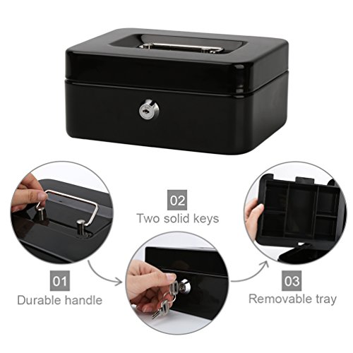 Image of Decaller Cash Box with Money Tray, Metal Locking Money Box with Key Lock for Security, 7 4 /5 inch x 6 4 /5 inch x 3 3 /5 inch, Black, QH2003S | Metal Construction, Key Lock for Security, QH2003S
