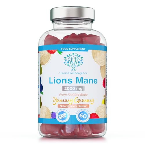 Lions Mane Gummies 2000mg High Strength Mushroom Supplement - 60 Vegan Gummies Natural Berry Flavour - from Fruiting Body Extract - GMO Free - Made in the UK