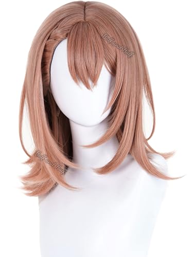 Image of Half and Half Orange Pink Anime Wig for Hanasato Minori Cosplay Shoulder Lenth Deep Rose Blonde Game Wig with Side Part Bangs for Women Halloween Party Daily