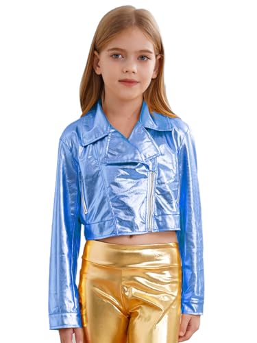 Aislor Kids Girls Shiny Metallic Long Sleeve Biker Motorcycle Jacket Hip Hop Jazz Street Disco Dance Coat Outerwear