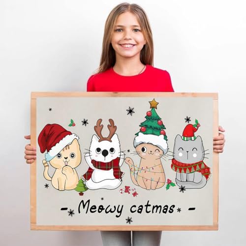 Image of Christmas Cat Stamped Cross Stitch Kits for Adults - Embroidery Kits for Beginners Adults,11 CT Patterns Dimensions Counted Cross Stitch Kits for Adults Arts Craft 16x12 inch