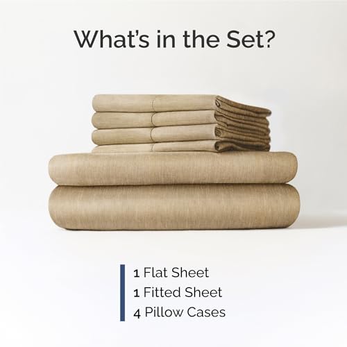 Image of Full 6 Piece Bed Sheet Set - Breathable & Cooling Sheets - Heathered Tan | Ultra-Soft Hotel Luxury Bedding Set with 8-16 Inch Deep Pockets, 1 Flat & 1 Fitted Sheet & 4 Pillowcases, Wrinkle & Fade Free