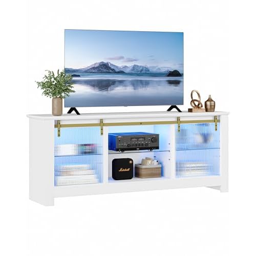 SICOTAS LED TV Stand for Living Room – Modern TV Console for 75 Inch TV, Tall Gaming Entertainment Center with LED Lights, 66″ Long Media Console with Storage and Sliding Fluted Glass Door, White
