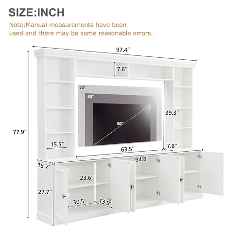 Image of JIJIWANG 97.4 inch W 4-Piece Wall Unit Entertainment Center with Bookshelf for TVs Up to 70 inch, Mid-Century Media Console TV Stand with Adjustable Shelf, Storage Cabinet and Bridge for Living Room, White