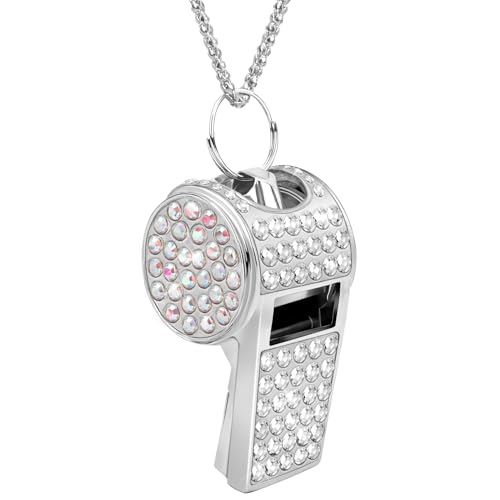 Whistle Bling Whistle Metal Crystal Rhinestone Whistles Shining Glitter Loud Whistles with Long Chain Necklace Pendant Accessory for Women Men Coaches Referee Teacher Official Sport Training Silver