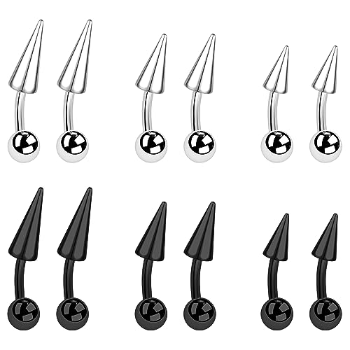 BodyAce 12PCS Spike Rook Earrings Eyebrow Rings, 316L Surgical Steel 16G Curved Barbell Cartilage Helix Earring, Lip Rings Tragus Daith Piercing Jewelry
