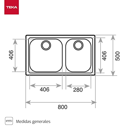 CLASSIC 2C 80 1Ø Fregadero inox 2 cubetas, 190mm, Øgrifo, Mueble 80