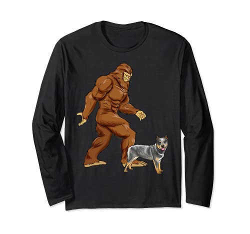 Funny Bigfoot Walking Australian Cattle Dog Sasquatch Dog Long Sleeve T-Shirt, Black