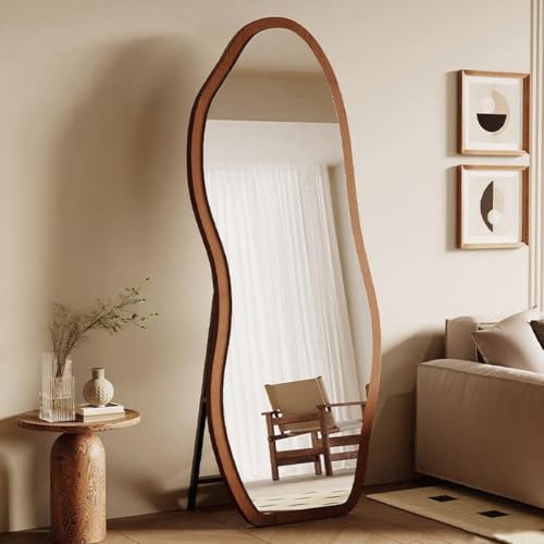 MOMUHOO 160x50CM Irregular Full Length Mirror Floor Mirror Wood Framed Freestanding Mirror with Stand Full Body Mirror Leaning Or Wall Mounted for Living Room Bedroom Hallway (Brown)