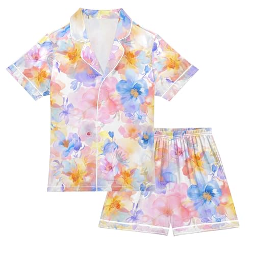 ALAZA Pastel Watercolor Flower Pajamas Satin Pajama Set Short Sleeve Button Down Sleepwear