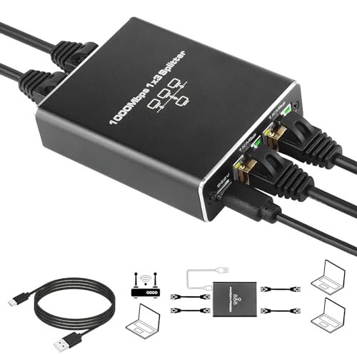 HENGBIRD Lan Splitter 1 auf 3 1000Mbps mit Typ-C Netzkabel Gigabit Ethernet Splitter 1 in 3 Out, Lan Switch 3 Port, RJ45 LAN Verteiler Netzwerk Verlängerungen Stecker für Computer, Router, Set-Top Box
