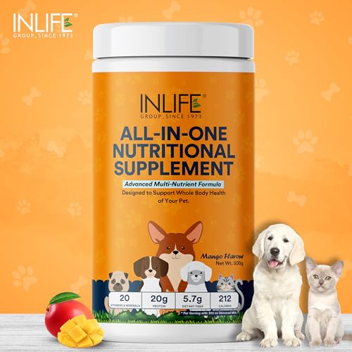 Image of INLIFE Nutritional Meal Mix Powder for Dogs Cats and Pets, Protein Supplement with Advanced Multi-Nutrient Formula | Pet Supplement- 500g (Mango)