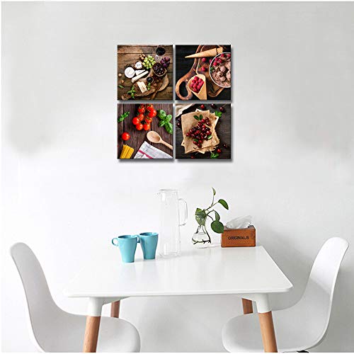 Derkymo Kitchen Picture Wall Decor 4 Pieces Colorful Fruit Canvas Painting Food On Vintage Wooden Wall Art For Home Decoration Ready Easy To Hang 12"X12"X4Pcs #TOP2