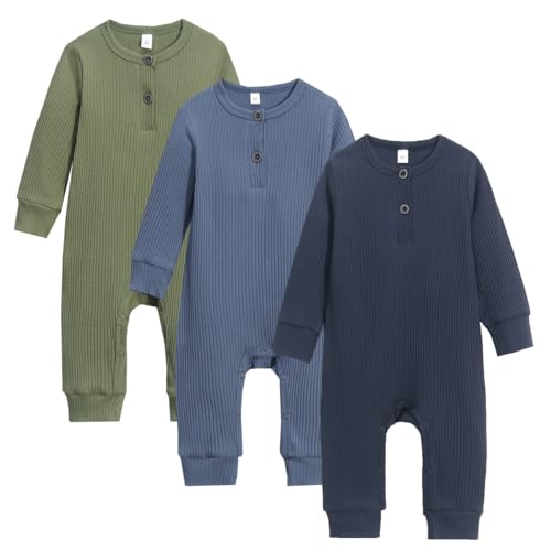 Image of Bafeicao Baby Boy Girl 2/3 Pack Solid Romper Ribbed Short/Long Sleeve Bodysuit Jumpsuit Infant Knitted Outfits Clothes