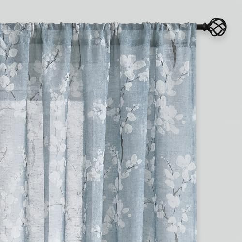 Image of FMFUNCTEX Linen Sheer Blossom Floral Print Curtains Blue 96 Inch 2 Panels