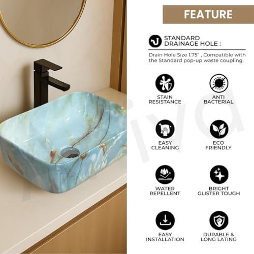 Image of Artiva Ceramic Wash Basin /Tabletop Washbasin For Bathroom,12 inchx16 inch /Small Countetop Bathroom Basin /Table Top Basin For Home,Office,Hotel /Rectangle Glossy Sink (Marble Green,12x16 Inch)