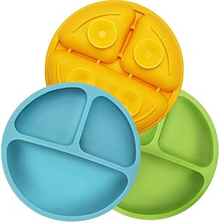 PandaEar Baby Suction Plates Divided Unbreakable Silicone Baby Weaning Plates for Toddler Kids Children - 3 Pack - Non-Slip - Dishwasher and Microwave Safe |Blue Green Yellow