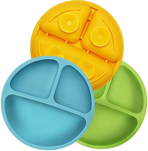 PandaEar Divided Unbreakable Silicone Baby and Toddler Plates - 3 Pack - Non-Slip - Dishwasher and Microwave Safe - Silicone (Blue Green Yellow)