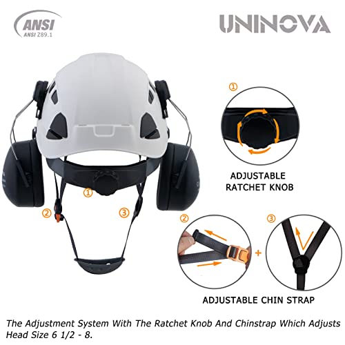 UNINOVA Arborist Helmet with Visor and Earmuffs, OSHA Safety Hard Hat for Forestry, Logging, Trimming, Mowing, Climbing Tree Work (A91 White+Smoked Visor+Earmuff)