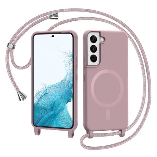 AOMYKE Handyband für Samsung Galaxy S22 Hülle mit Band Magnetisch Handyhülle kompatibel mit Magsafe zum Umhängen Schutzhülle mit Kette Kordel Weich TPU Silikon CasePink
