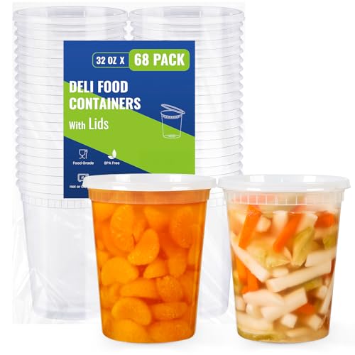 Image of AOZITA 68 Sets 32 oz Plastic Deli Containers With Lids, Airtight Food Storage Containers, Freezer /Dishwasher /Microwave Safe, Takeout Meal Prep Storage