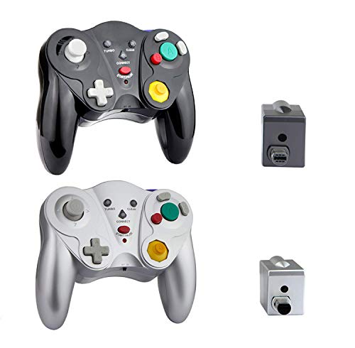 VTone Wireless Gamecube Controller, 2 Pieces 2.4G Wireless Classic Gamepad with Receiver Adapter for Wii Gamecube NGC GC (Black and Silver)